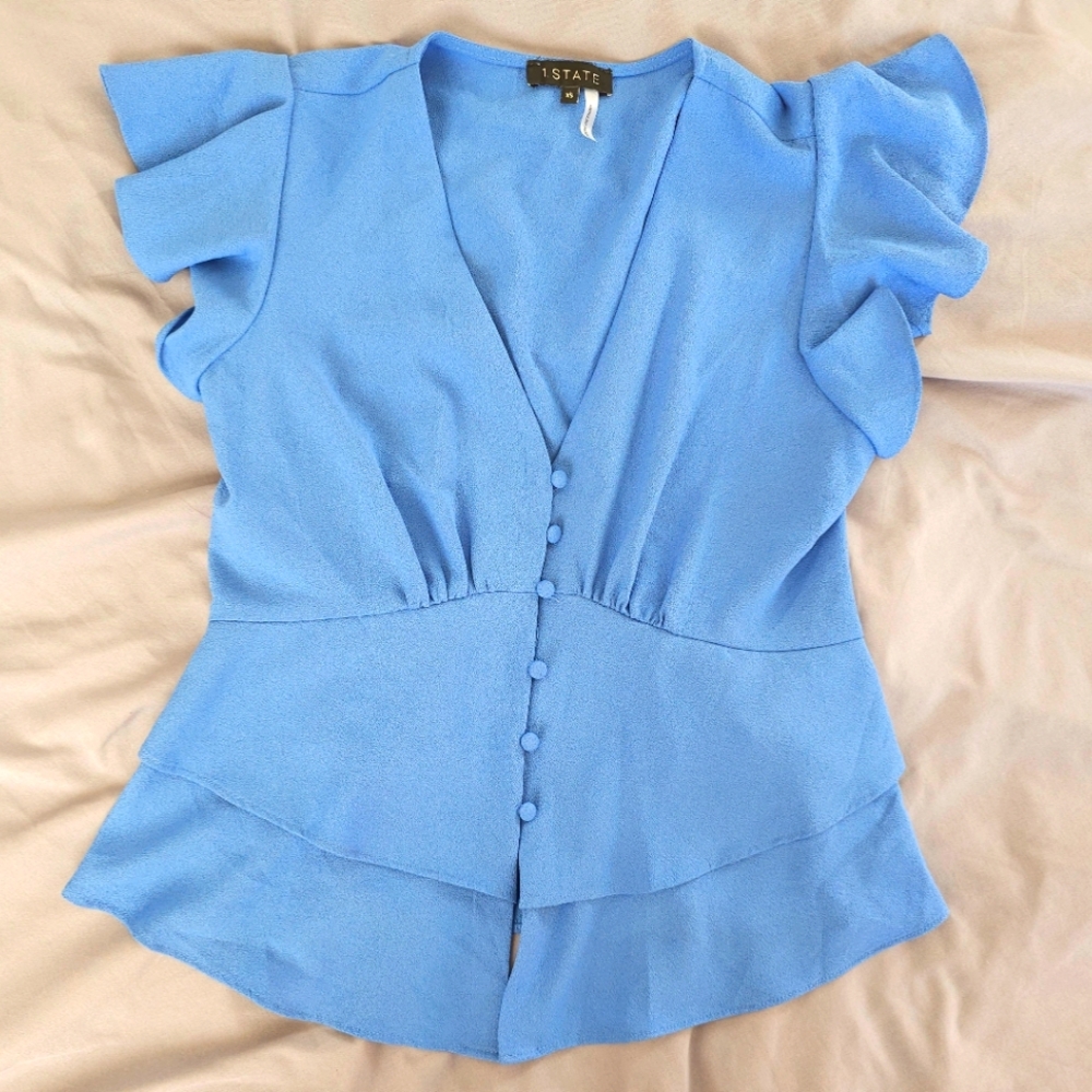 1. State Blue Flutter Sleeve Peplum Blouse XS